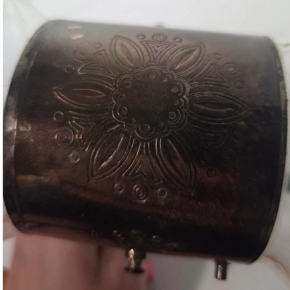 Vintage Glass Carafe Silver Plated Collar Black Plastic Handle Floral Motif